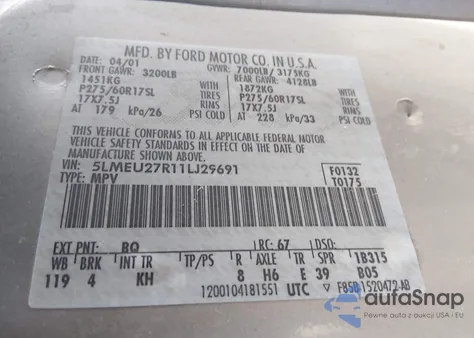 2001 Lincoln Navigator z USA, uszkodzony, nr VIN 5LMEU27R11LJ29691